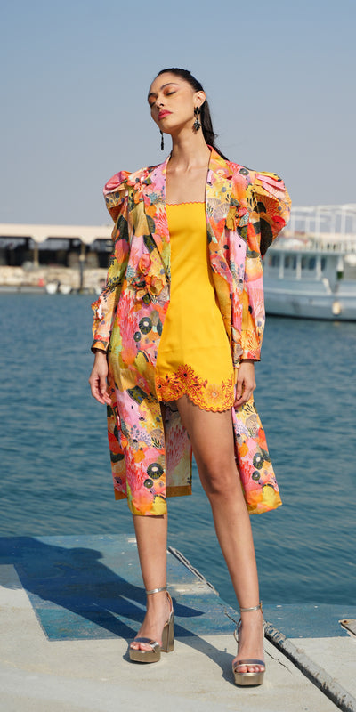 SILIA Printed Blazer With Embroidered Dress