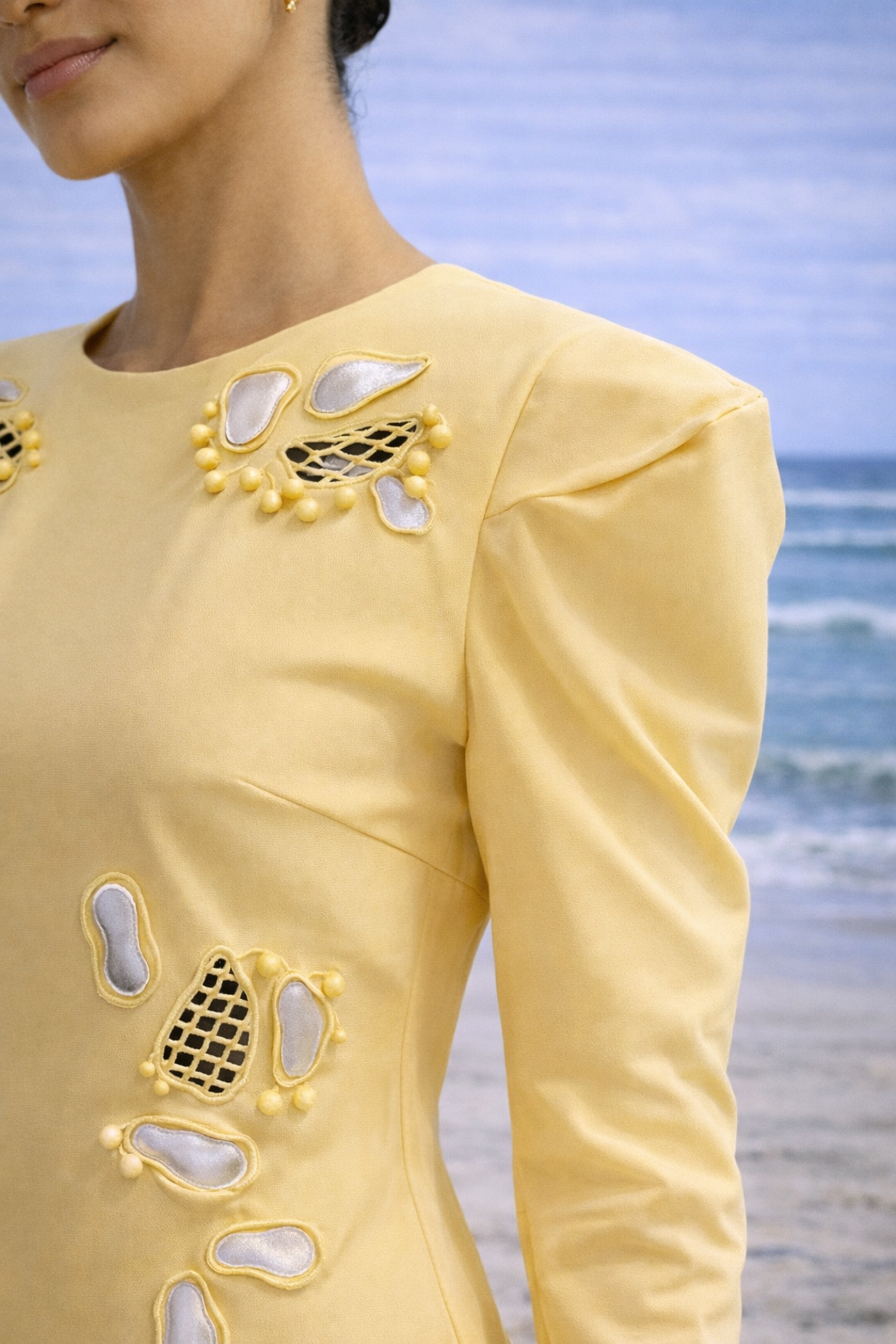 ARIES Power-shoulder cutwork dress