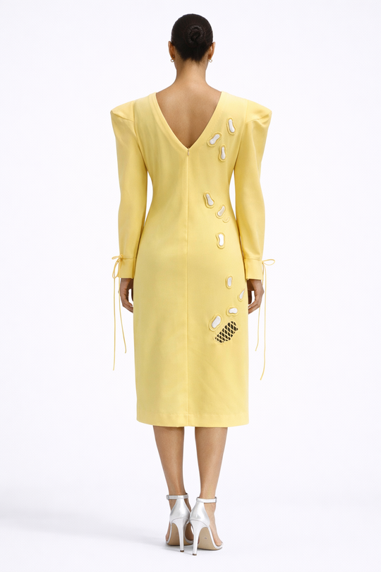 ARIES Power-shoulder cutwork dress