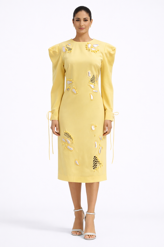 ARIES Power-shoulder cutwork dress