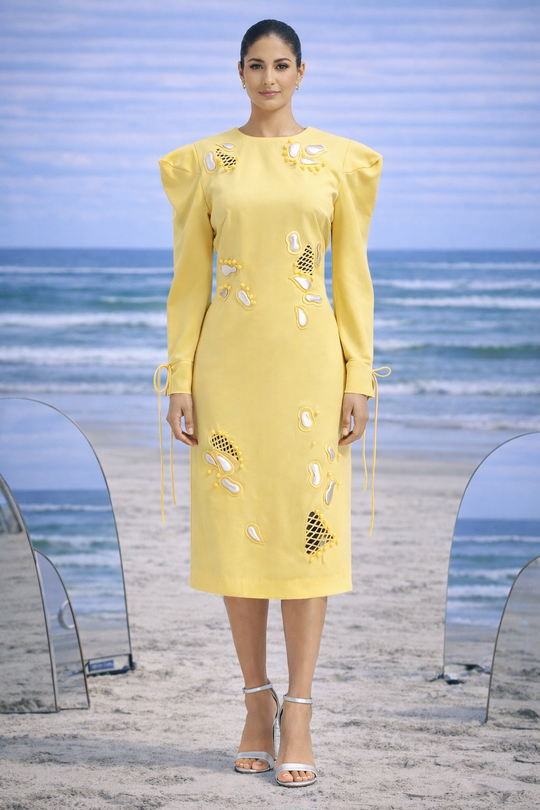 ARIES Power-shoulder cutwork dress