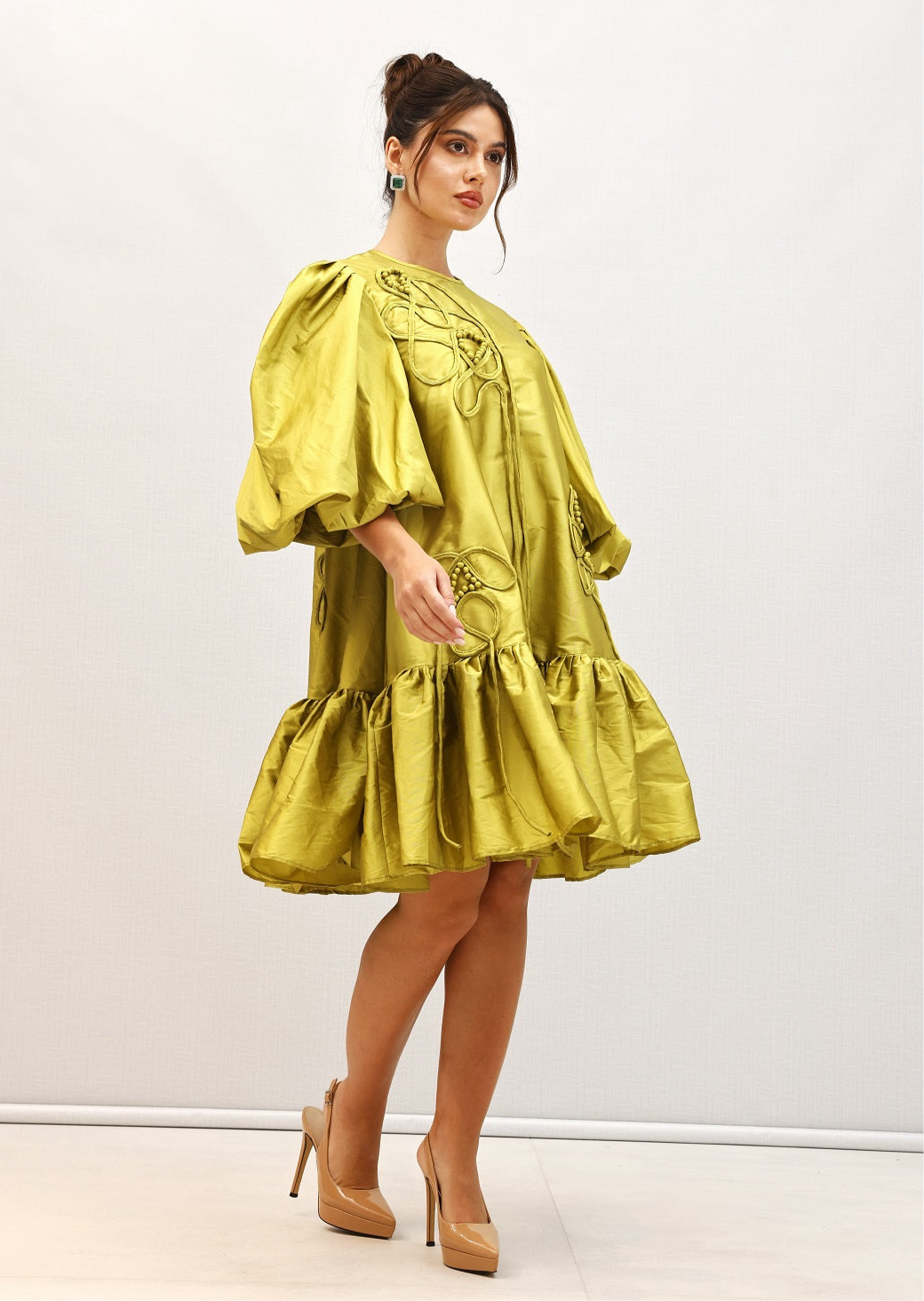 silk trapeze dress 1960s Green Silk Shantung Trapeze Gown with Organza Collar Wayward Collection