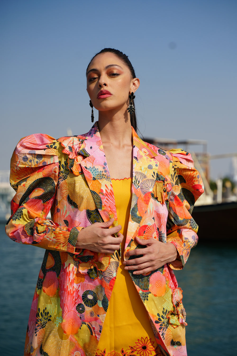 SILIA Printed Blazer With Embroidered Dress