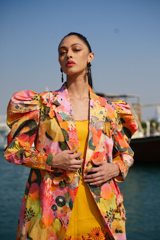SILIA Printed Blazer With Embroidered Dress