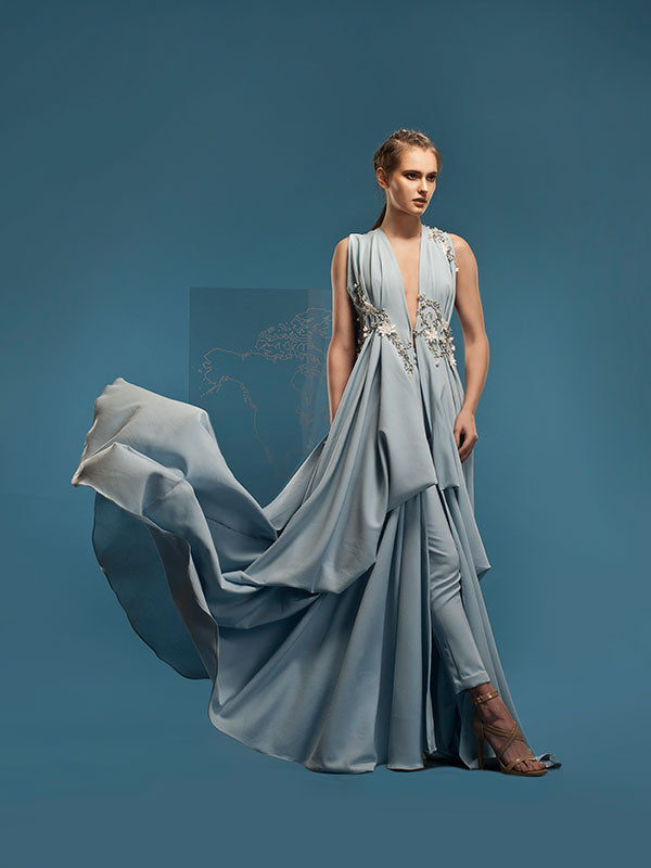 AVA Deconstructed Draped Jacket With Embroidery And Pants