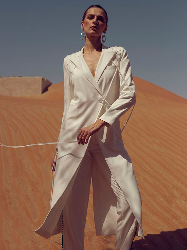 KOYA Long Blazer Suit With Fringe Detail