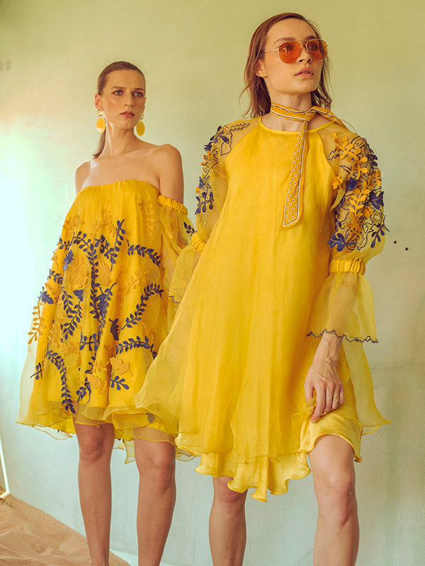 SAGA Raglan Layered Organza Dress With Threadwork