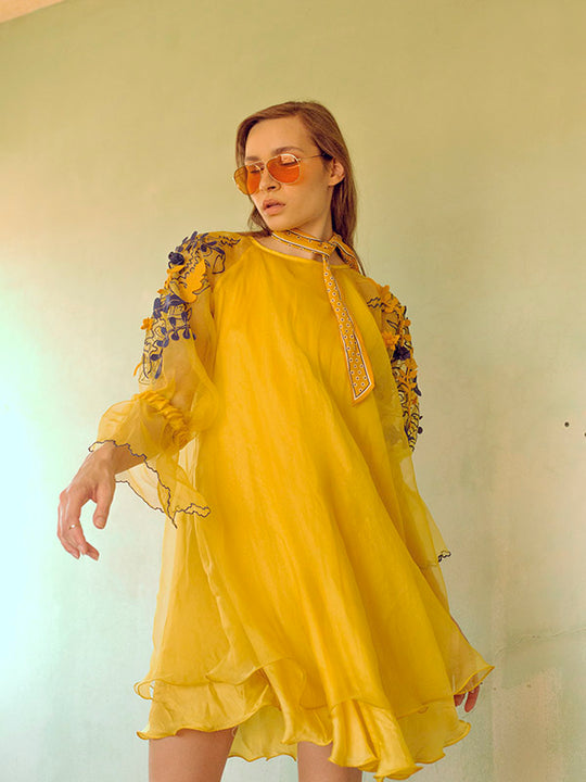 SAGA Raglan Layered Organza Dress With Threadwork