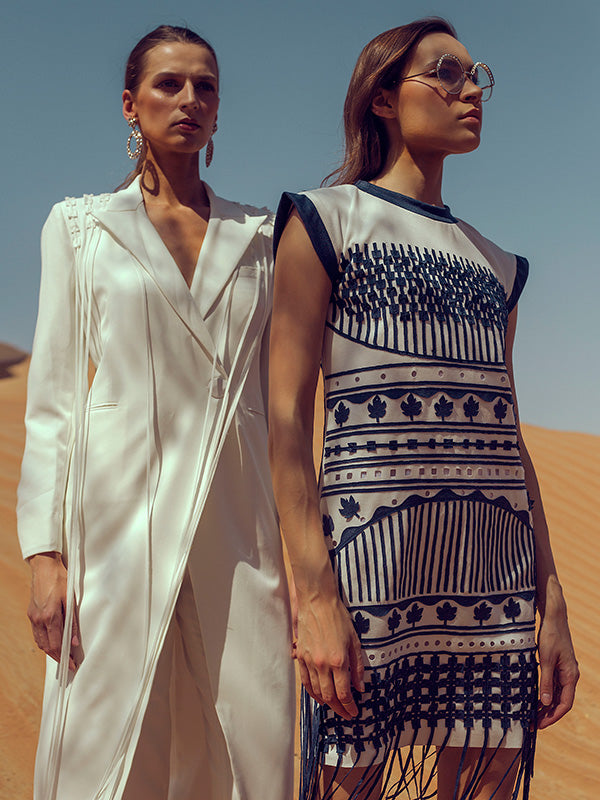 KOYA Long Blazer Suit With Fringe Detail