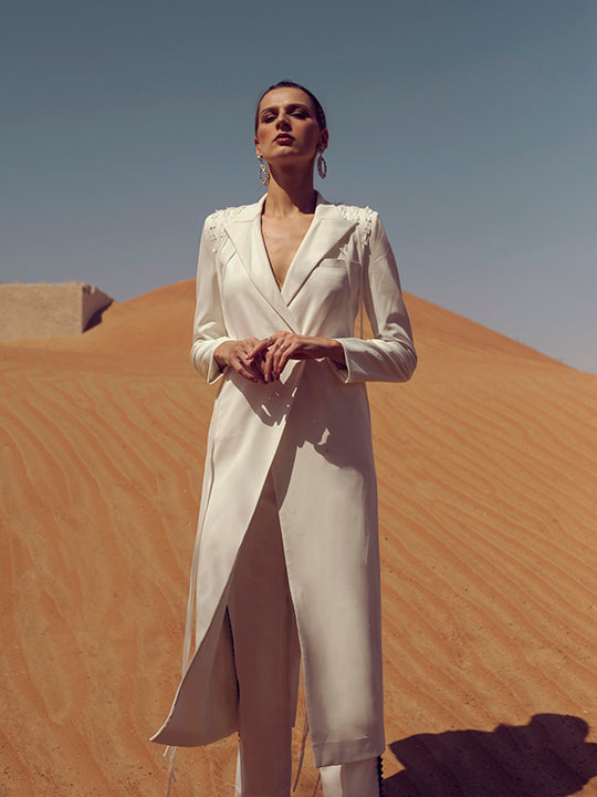 KOYA Long Blazer Suit With Fringe Detail