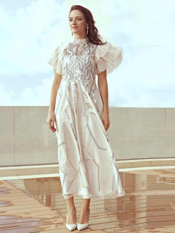 SPARKS Organza Flared Dress With Metallic Appliqué And Pleated Sleeves