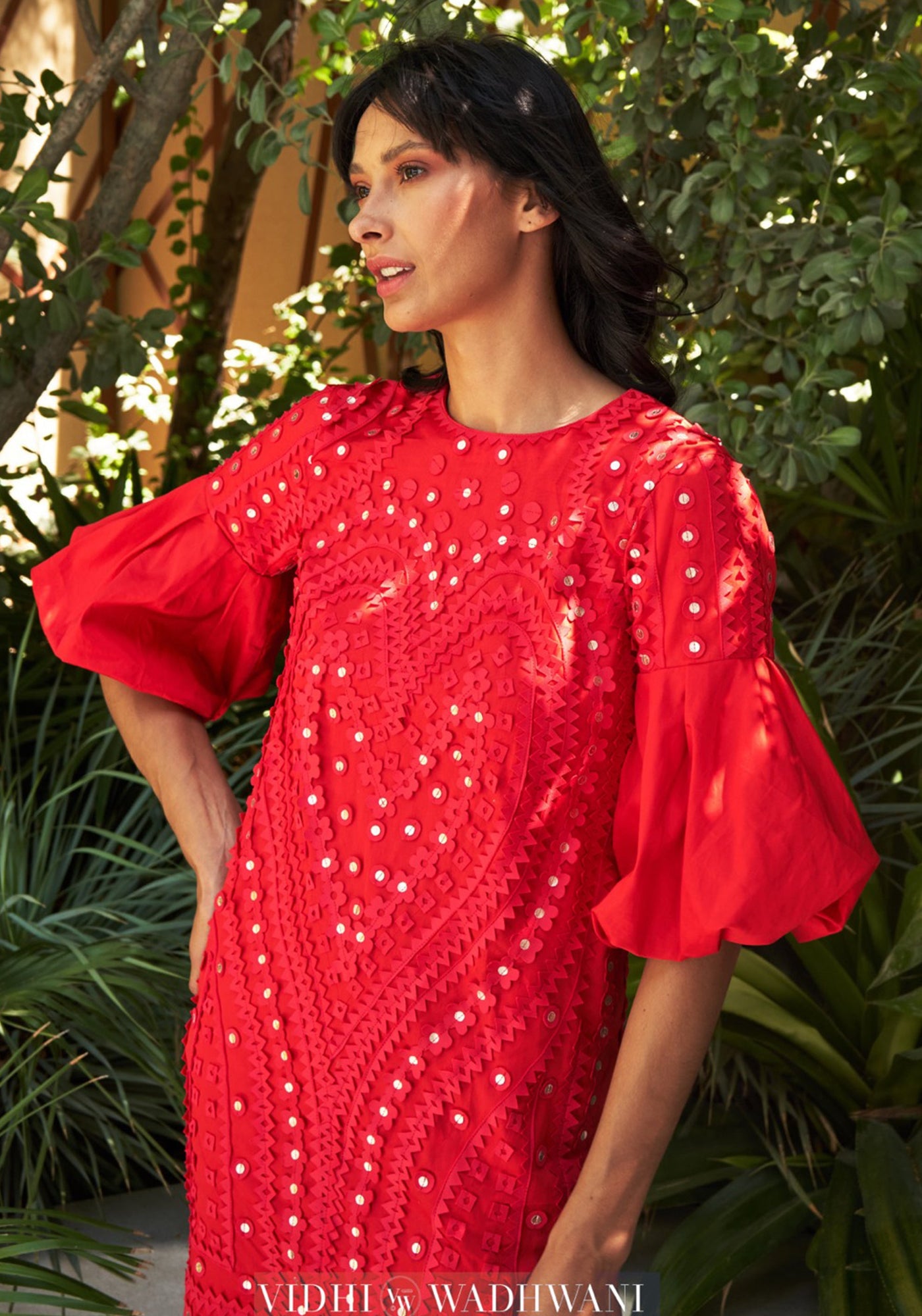 HEART Metallic Appliqué Shift Dress With Tie-Up