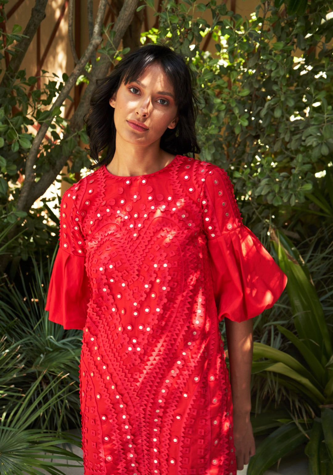 HEART Metallic Appliqué Shift Dress With Tie-Up