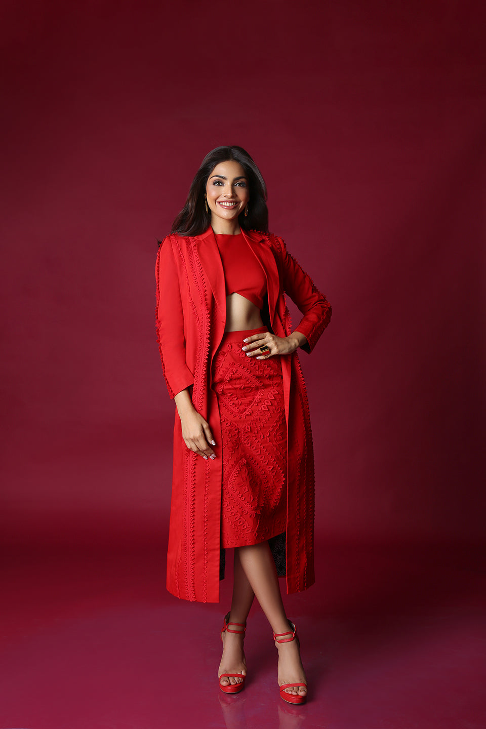 ALBA Applique Blazer With Top And Skirt