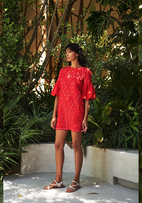 HEART Metallic Appliqué Shift Dress With Tie-Up