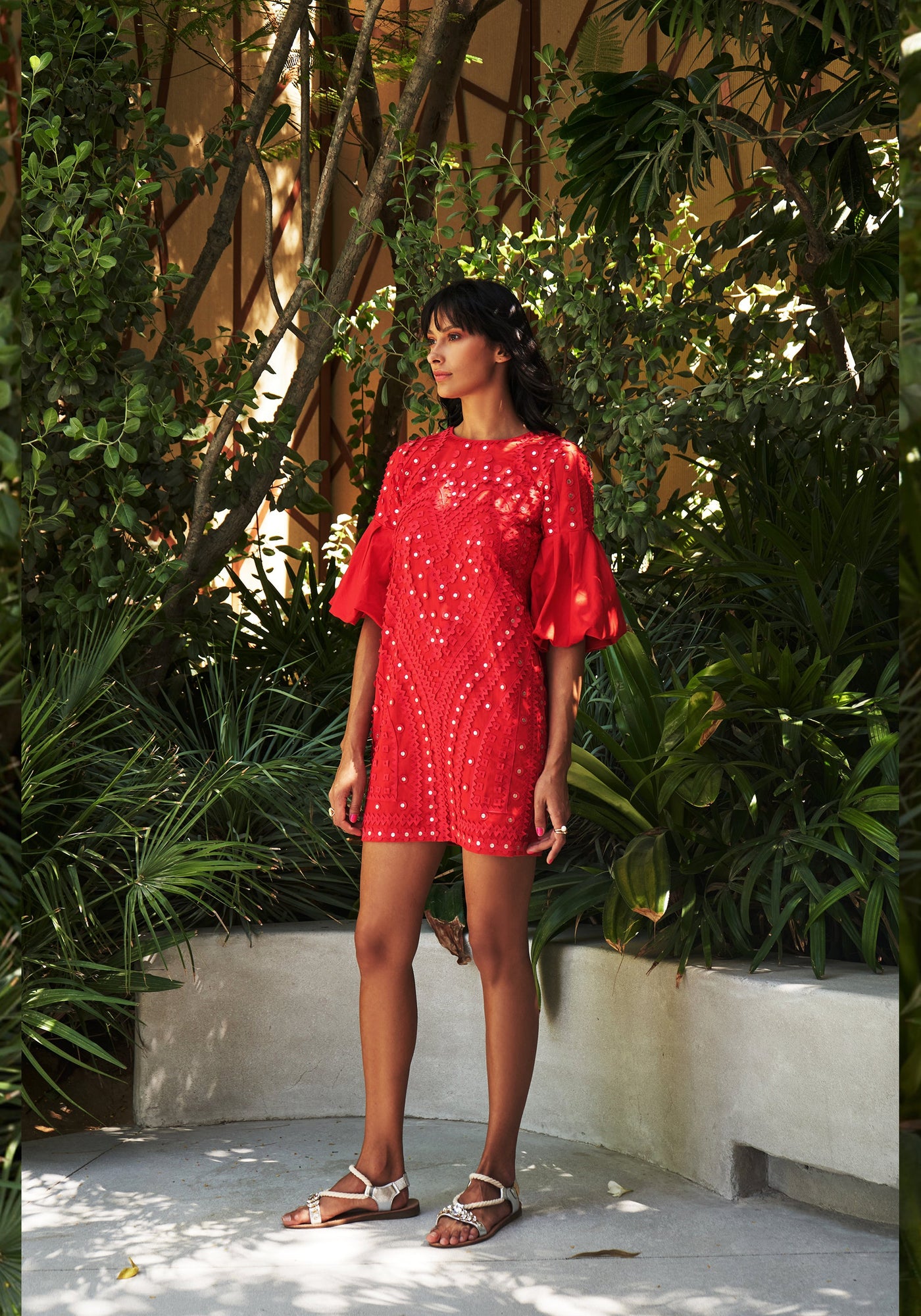HEART Metallic Appliqué Shift Dress With Tie-Up