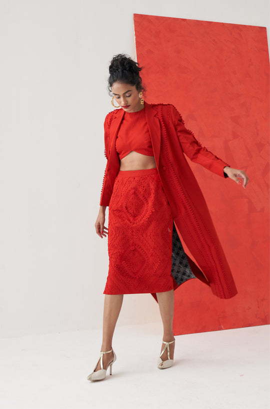 ALBA Applique Blazer With Top And Skirt